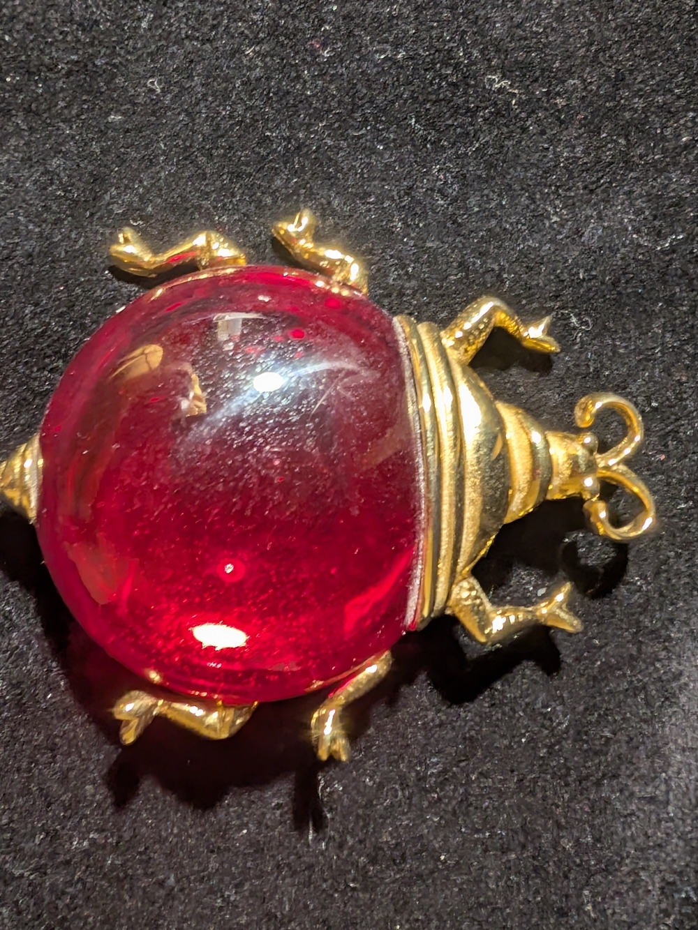 Gold-Tone Beetle Brooch with Deep Red Glass Cabochon